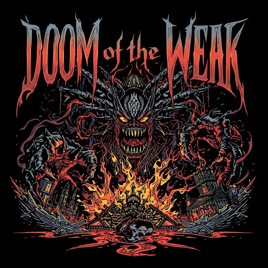 Doom of the Weak artwork: a horned demon over a burning city in red and grey