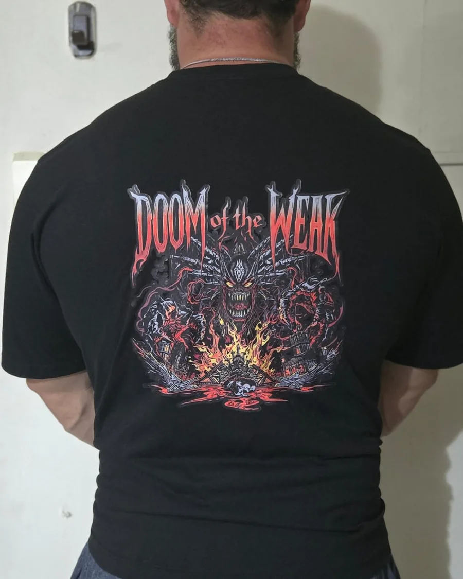 The black Doom of the Weak t-shirt worn, back print