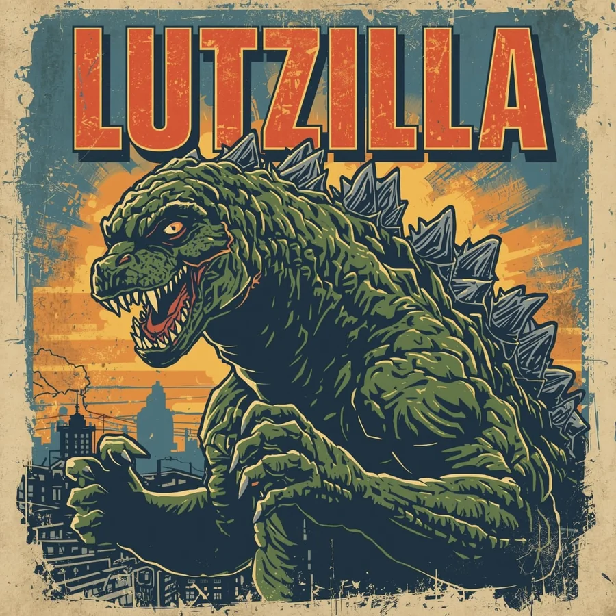 Lutzilla artwork: a retro poster of a kaiju over a city skyline