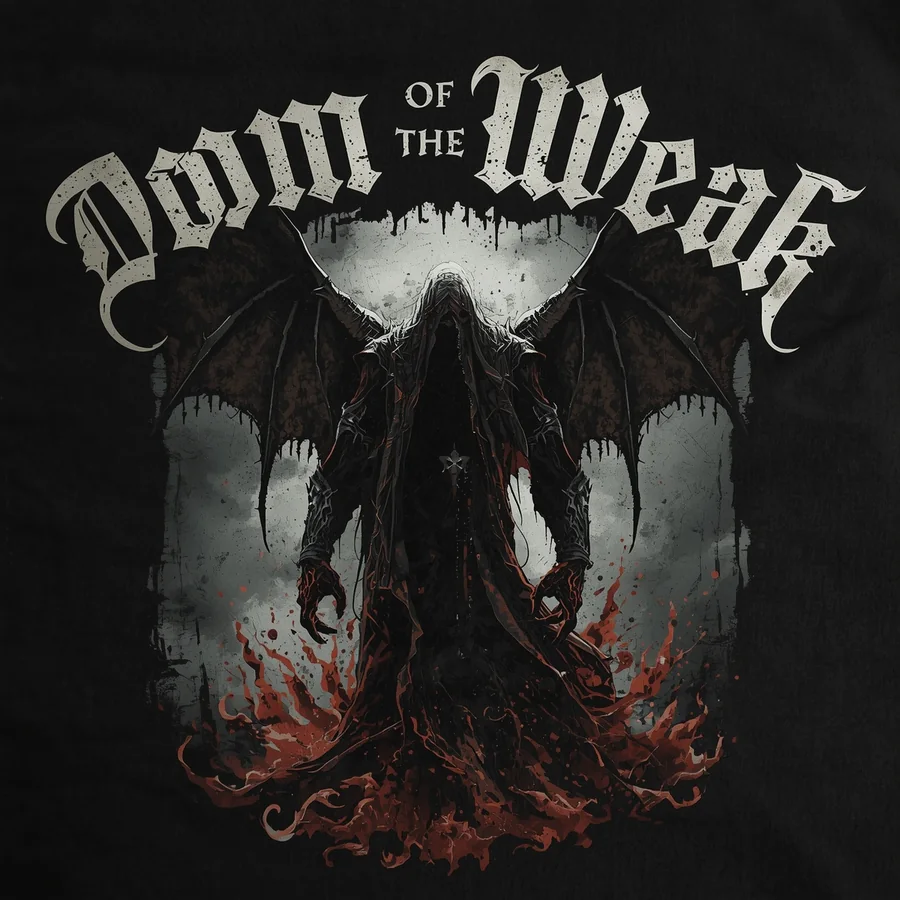 Doom of the Weak gothic artwork: a winged figure under a full moon