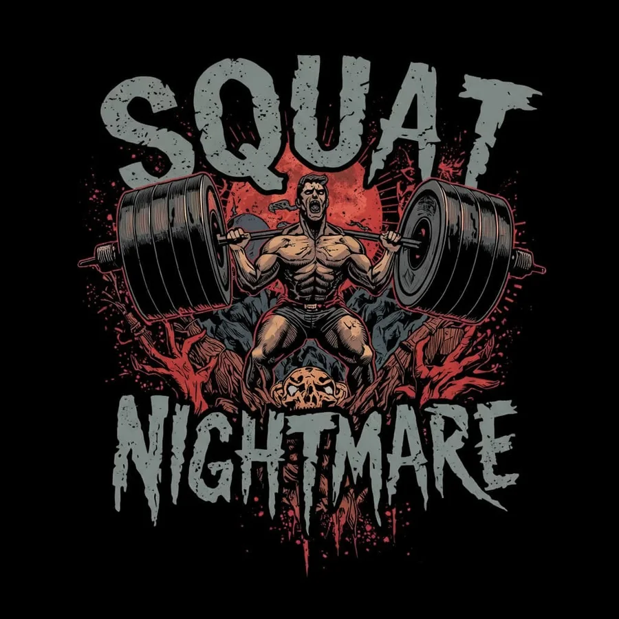 Squat Nightmare artwork: a lifter squatting a loaded bar over a skull