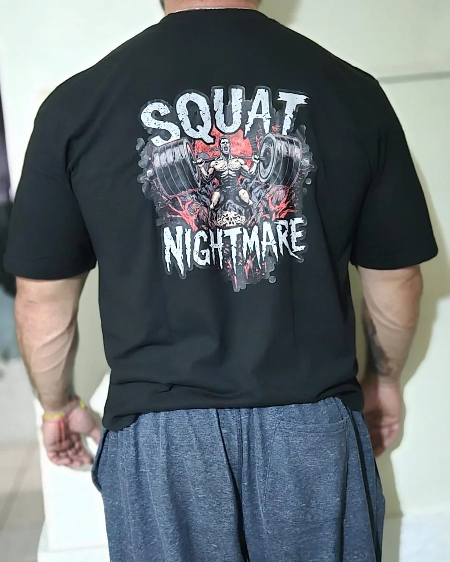The black Squat Nightmare t-shirt worn, back print